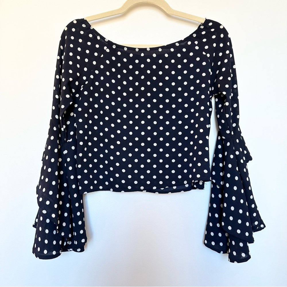 Navy Polka Dot Flare Sleeve Crop Top Retro Long Sleeve Blouse